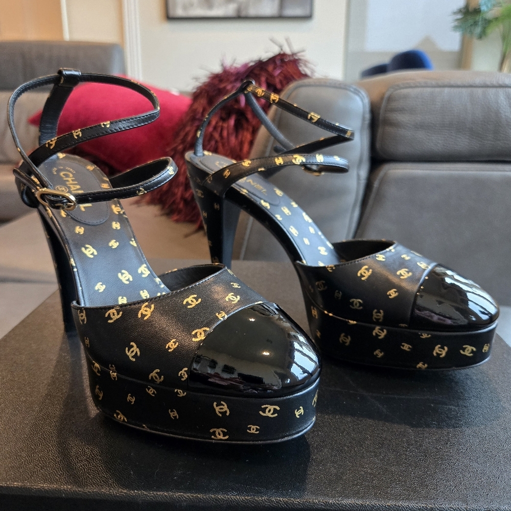 Chanel Black Captoe Gold CC Logo Ankle Strap Platform Sandals